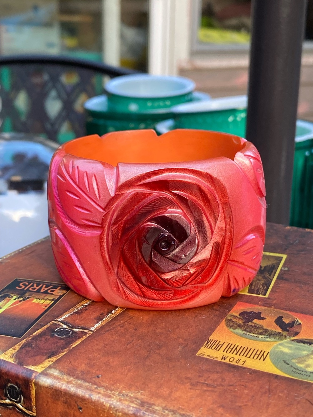Gorgeous heavily carved rose and leaves lucite bangle bracelet,irridescent pink